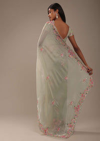 Moss Green Tissue Silk Saree With Floral Embroidery