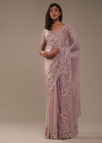 Candy Pink Glass Silk Saree With 3D Floral Embroidery