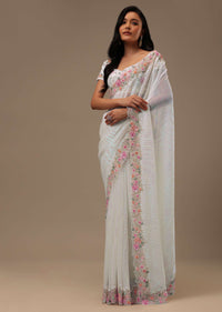 White Sequins Fabricated Saree With 3D Embroidery
