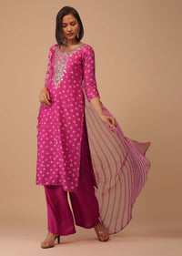 Hot Pink Embroidered Bandhani Printed Chanderi Palazzo Suit With Leheriya Dupatta