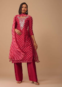 Carmine Red Embroidered Bandhani Printed Chanderi Palazzo Suit With Leheriya Dupatta