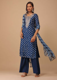 Persian Blue Embroidered Bandhani Printed Chanderi Palazzo Suit With Leheriya Dupatta