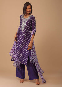 Violet Purple Embroidered Bandhani Printed Chanderi Palazzo Suit With Leheriya Dupatta