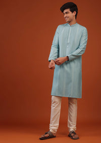 Mint Blue Striped Thread Woven Silk Kurta Set