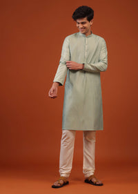 Moss Green Striped Zari Woven Silk Kurta Set