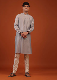 Silver Grey Striped Zari Woven Silk Kurta Set