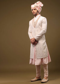 Beige White Silk Sherwani Set With Embroidery