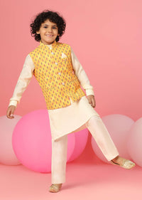 Kalki Winter White Kurta Set In Silk With Aspen Gold Yellow Bandi Jacket For Boys