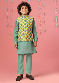 Kalki Agate Green Kurta Set In Silk With Lemon Chrome Yellow Bandi Jacket For Boys