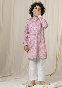 Kalki Coral Cloud Pink Silk Kurta Set With Threadwork For Boys