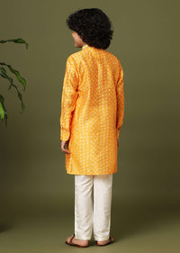 Kalki Yellow Bandhani Printed Kurta Set In Silk For Boys