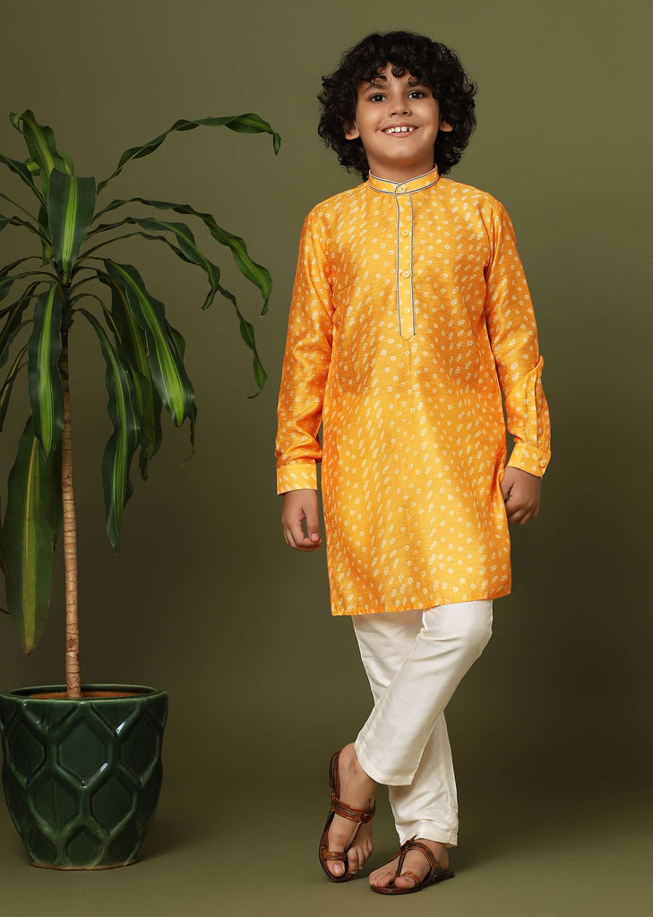 Kalki Yellow Bandhani Printed Kurta Set In Silk For Boys