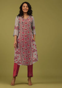 Dove Grey Floral Printed Kurta With Embroidery