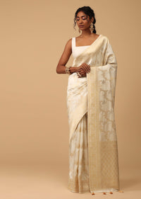 Ivory White Dola Silk Saree With Silver And Gold Jaal Embroidery In Floral Pattern