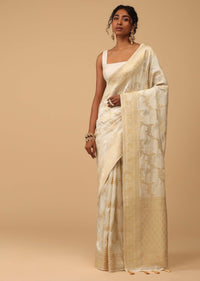 Ivory White Dola Silk Saree With Silver And Gold Jaal Embroidery In Floral Pattern