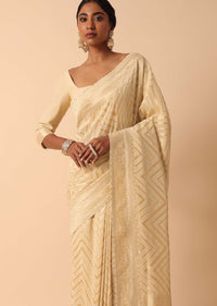 White Banarasi Khaddi Saree With Unstitched Blouse Fabric