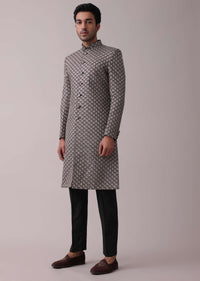 Black Embroidered Sherwani Set In Textured Silk