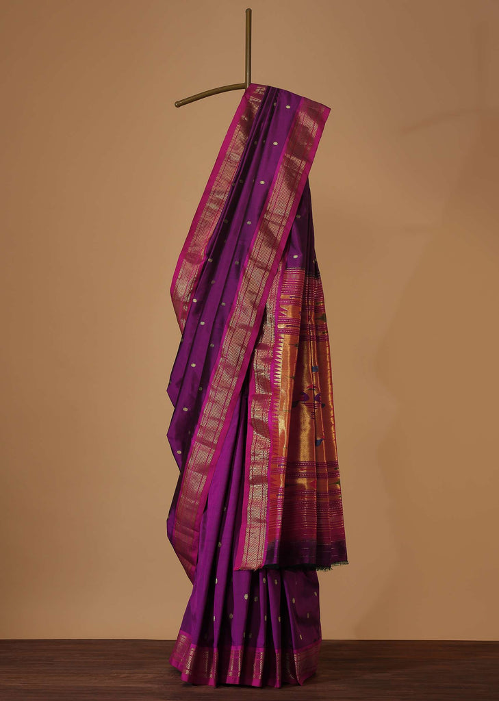 Grape Purple Maharashtrian Paithani Woven Saree In Katan Silk With Paithani Pallu And Unstitched Blouse