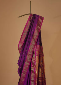 Grape Purple Maharashtrian Paithani Woven Saree In Katan Silk With Paithani Pallu And Unstitched Blouse