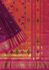 Grape Purple Maharashtrian Paithani Woven Saree In Katan Silk With Paithani Pallu And Unstitched Blouse