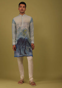 Powder Blue Printed Linen Kurta