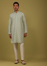 Powder Blue Printed Tussar Silk Kurta Set With Sequins