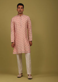 Powder Pink Printed Tussar Silk Kurta Set With Sequins