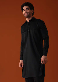 Black Pathani Kurta Set In Terry Rayon