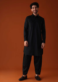 Black Pathani Kurta Set In Terry Rayon