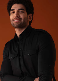 Black Pathani Kurta Set In Terry Rayon