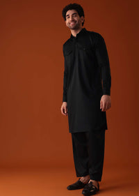 Black Pathani Kurta Set In Terry Rayon