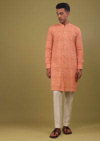 Carrot Orange Crepe Kurta Set In Threadwork And Sequins