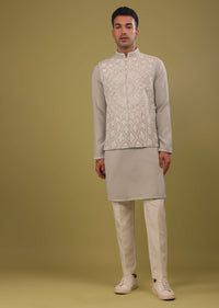 Cool Grey Thread Embroidered Bandi Jacket Set In Polyster Fabric