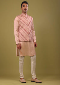 Onion Pink Bandi Jacket Set In Threadwork Crafted In Art Silk