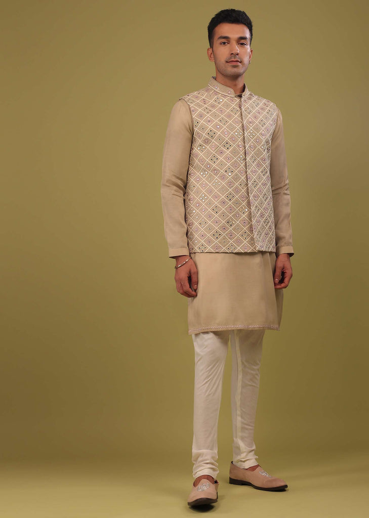 Sesame Beige Mirrorwork Bandi Jacket Set In Art Silk