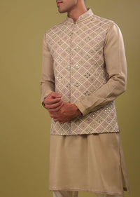 Sesame Beige Mirrorwork Bandi Jacket Set In Art Silk