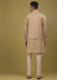 Sesame Beige Mirrorwork Bandi Jacket Set In Art Silk