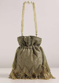 Coffee Brown Potli Bag With Tassels And A Handworked Handle