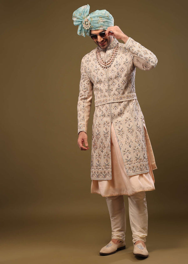 Champagne Brown Embroidered Silk Sherwani Set