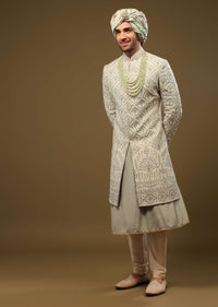 Pista Green Silk Sherwani Set In Delicate Embroidery