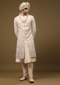 Beige White Thread Embroidered Silk Sherwani Set With Zari And Beads