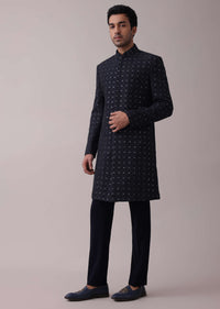 Navy Blue Achkan Set With Mirror And Cut Dana Embroidery