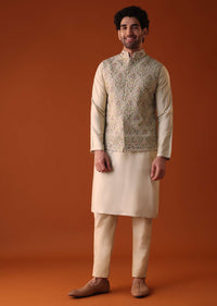 Mehendi Green Thread Embroidered Jacket Kurta Set In Silk