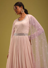 Petal Pink Georgette Anarkali Set With Lucknowi Embroidery