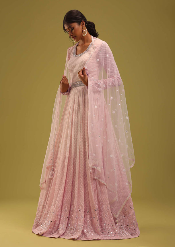 Petal Pink Georgette Anarkali Set With Lucknowi Embroidery