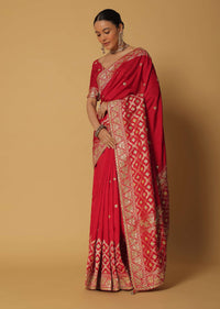 Red Banarasi Bandhani Weave Saree With Unstitched Blouse Fabric