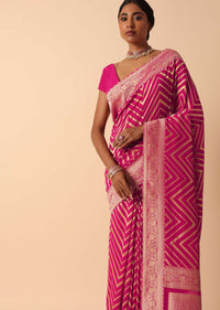 Pink Banarasi Khaddi Saree With Unstitched Blouse Fabric