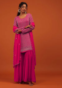 Pink Sharara Suit Set In Georgette With Sequins And Beadwork