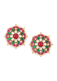 Green And Pink Tone Kundan Earrings With Beads