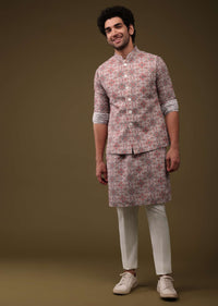 Peach Pink Printed Jacket Kurta Set In Art Silk